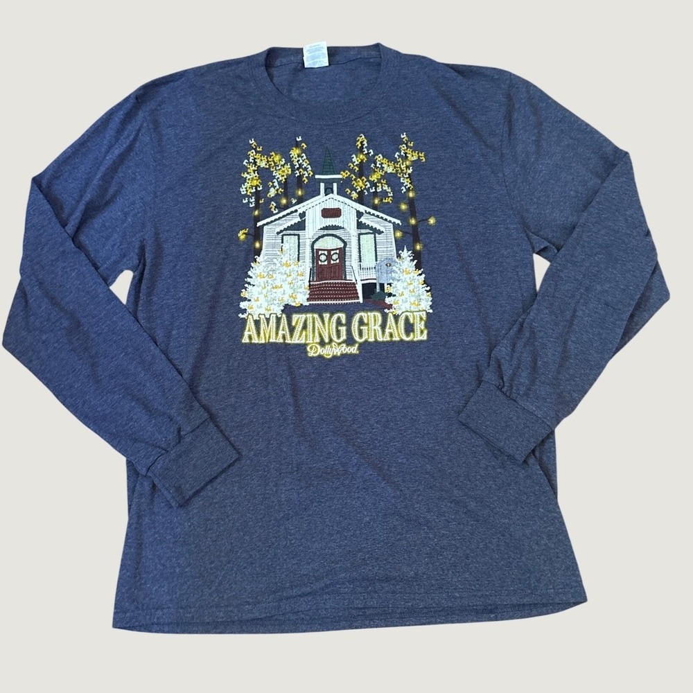 Dollywood Long Sleeve Tee Women Blue Amazing Grace Chapel Graphic SIZE Large